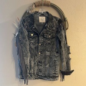 Boutique Distressed Black Denim Jacket with Fringe